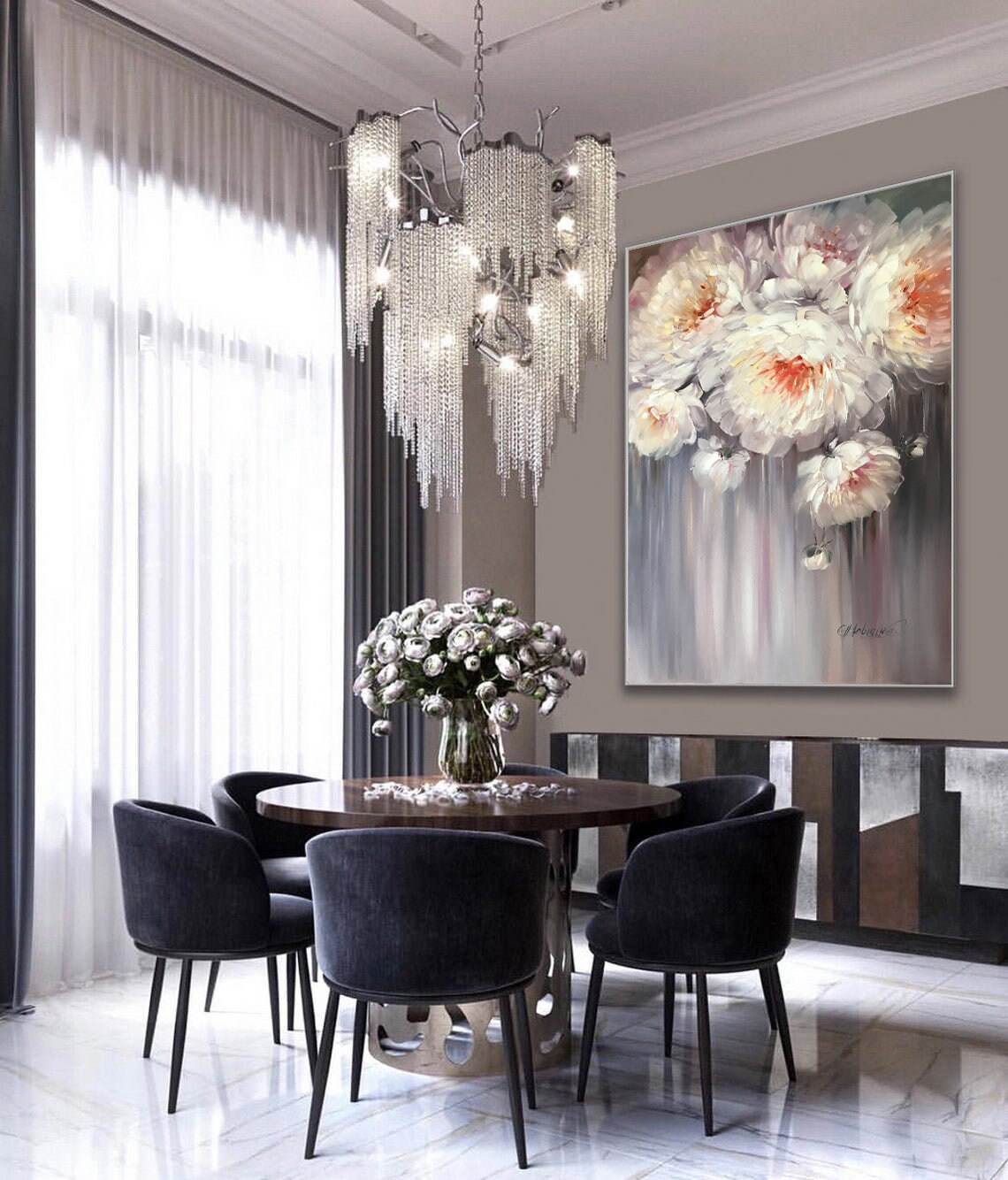 White Peony Blossoms Gray Background Oil Painting Floral Art Poster - Image 2