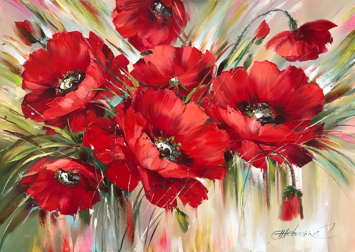Ukrainian Poppy Oil Painting Original Art Work Ukraine Artist Ukrainian Painting Abstract Poppies Wall Art Red Poppy Flower Painting