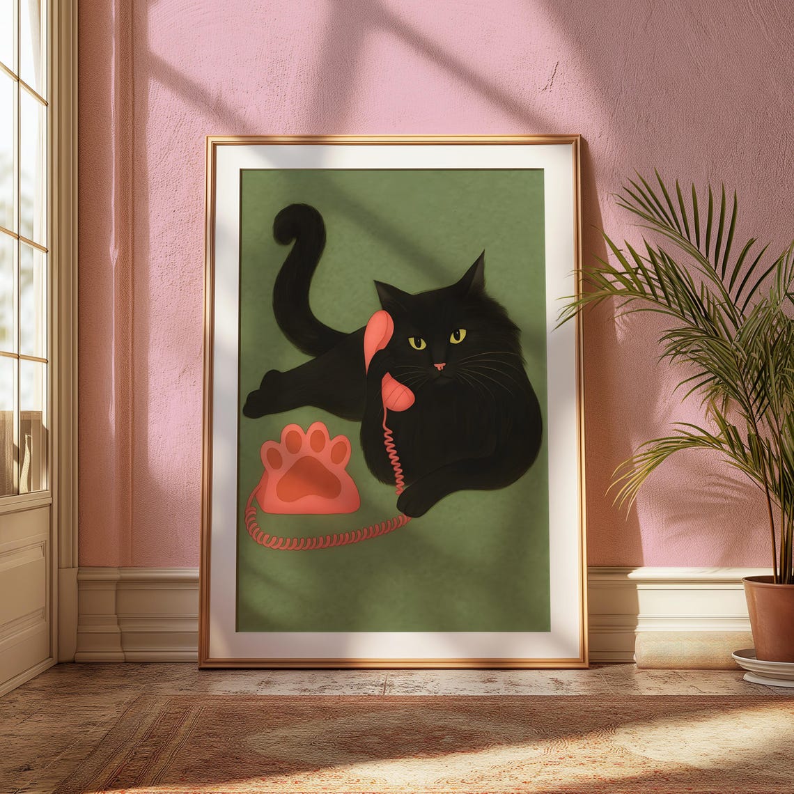 Black Cat Talking on Retro Pink Paw Shaped Telephone Funny Poster