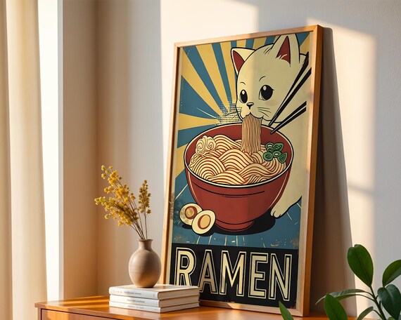 Japanese Ramen Cat Poster Toilet Wall Art Funny Animal Print Funky Gift For Lovers