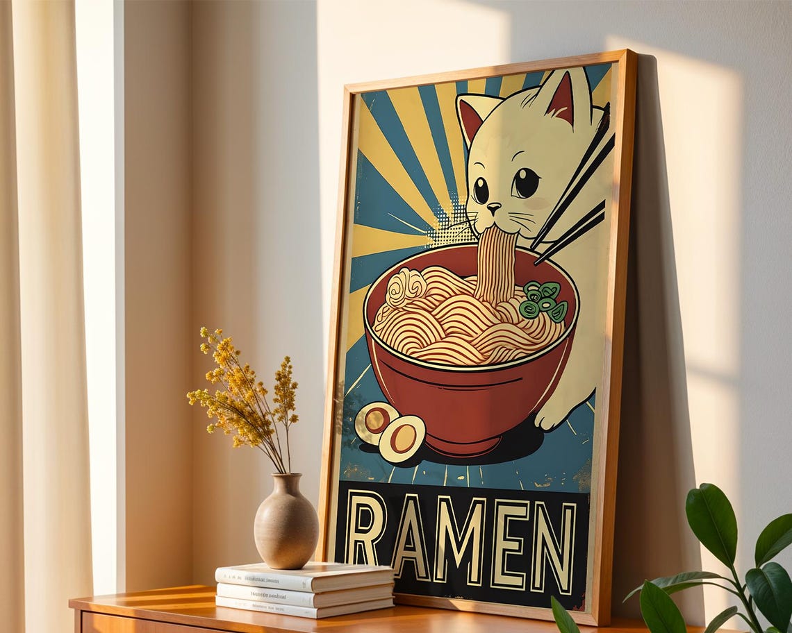 Ramen Cat Japanese Retro White Cat Slurping Noodle Bowl Poster