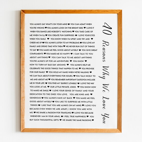 40 Reasons Why We Love You Romantic Heart Script Love Note Poster