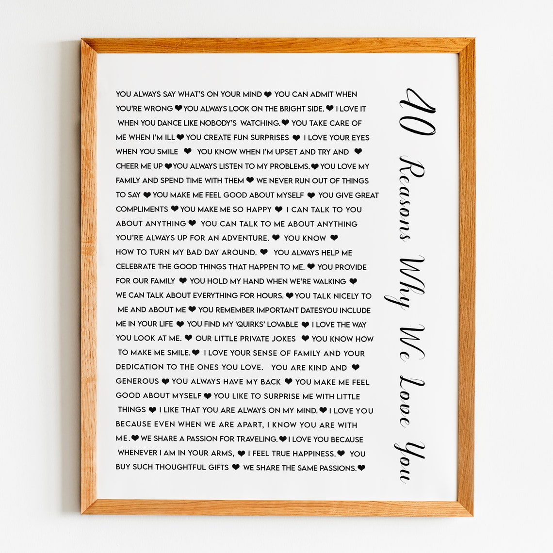 40 Reasons Why We Love You Romantic Heart Script Love Note Poster