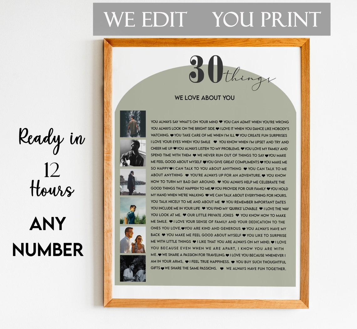 Personalized 30 Things We Love About You Sage Green Photo Gift Poster