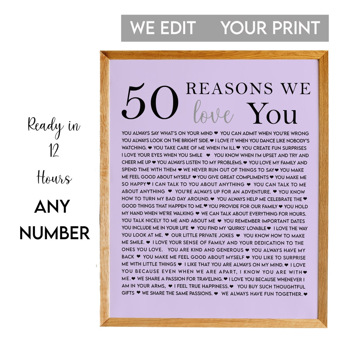 50 Reasons We Love You Lavender Typographic Keepsake Art Poster