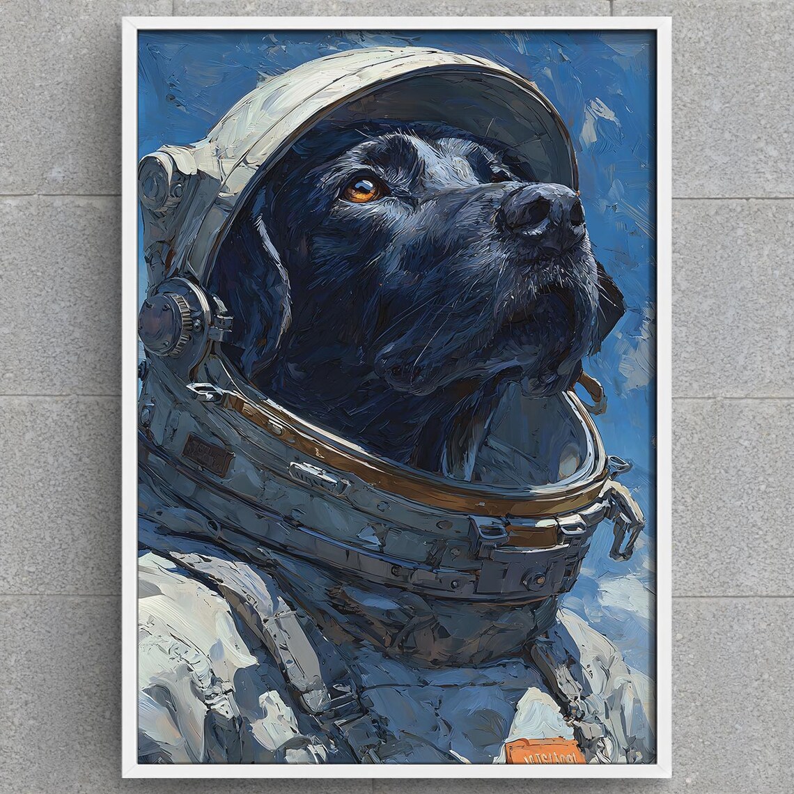 Black Dog Astronaut Art Print Funny Space Suit Oil Painting Portrait