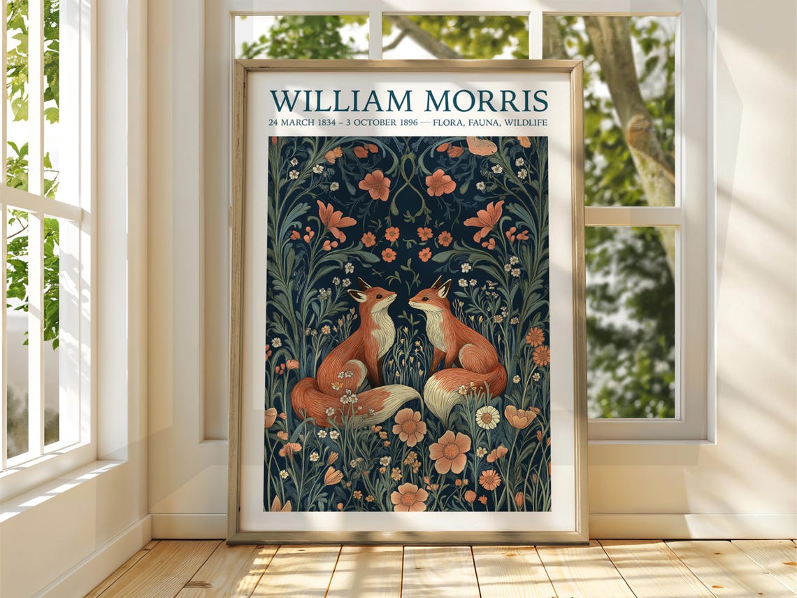 William Morris Fox Pair Navy Floral Meadow Wildlife Art Poster