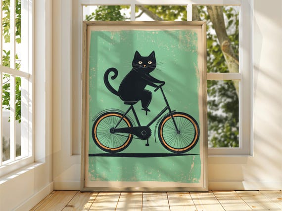 Cat Riding Bike Poster Wall Art Illustration Fun Animal Feline Decor Kitten Black Pet Green