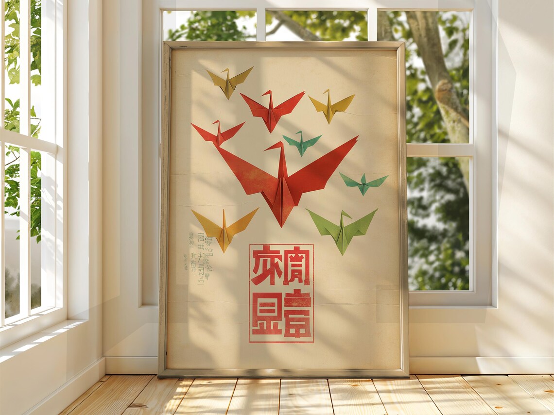 Crane Origami Art, Vintage Japanese Animal Print