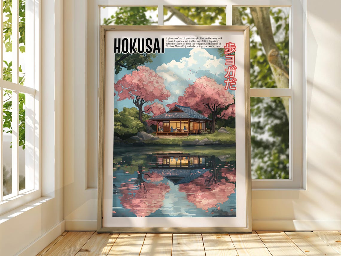 Hokusai Lakeside Tea House Cherry Blossoms Reflection Poster