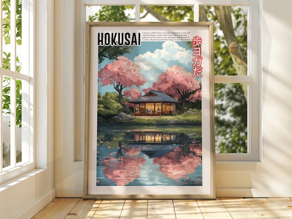 Hokusai Lakeside Tea House Cherry Blossoms Reflection Poster