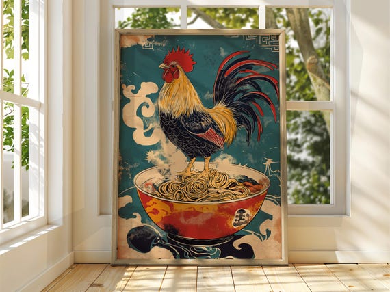 Rooster With Ramen Art Vintage Japanese Wall Animal Poster Funny Print