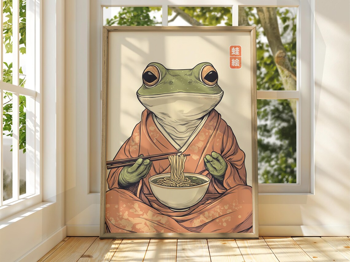 Japanese Frog Eating Ramen Funny Vintage Style Animal Poster