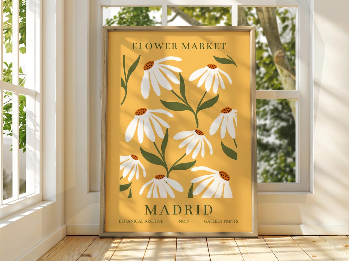 Madrid Flower Market White Daisy Gold Botanical Illustration Poster