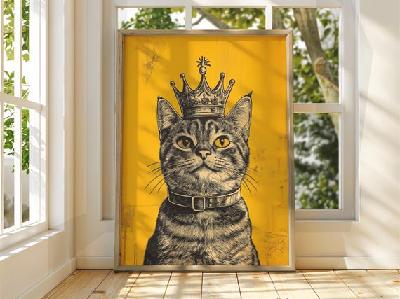 Cat With Crown Poster Wall Art Illustration Fun Animal Feline Decor Kitten Black Pet Yellow