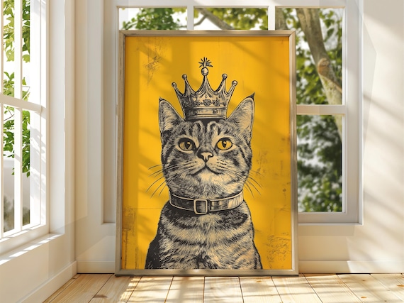 Royal Tabby Cat Wearing Crown Mustard Yellow Vintage Style Poster