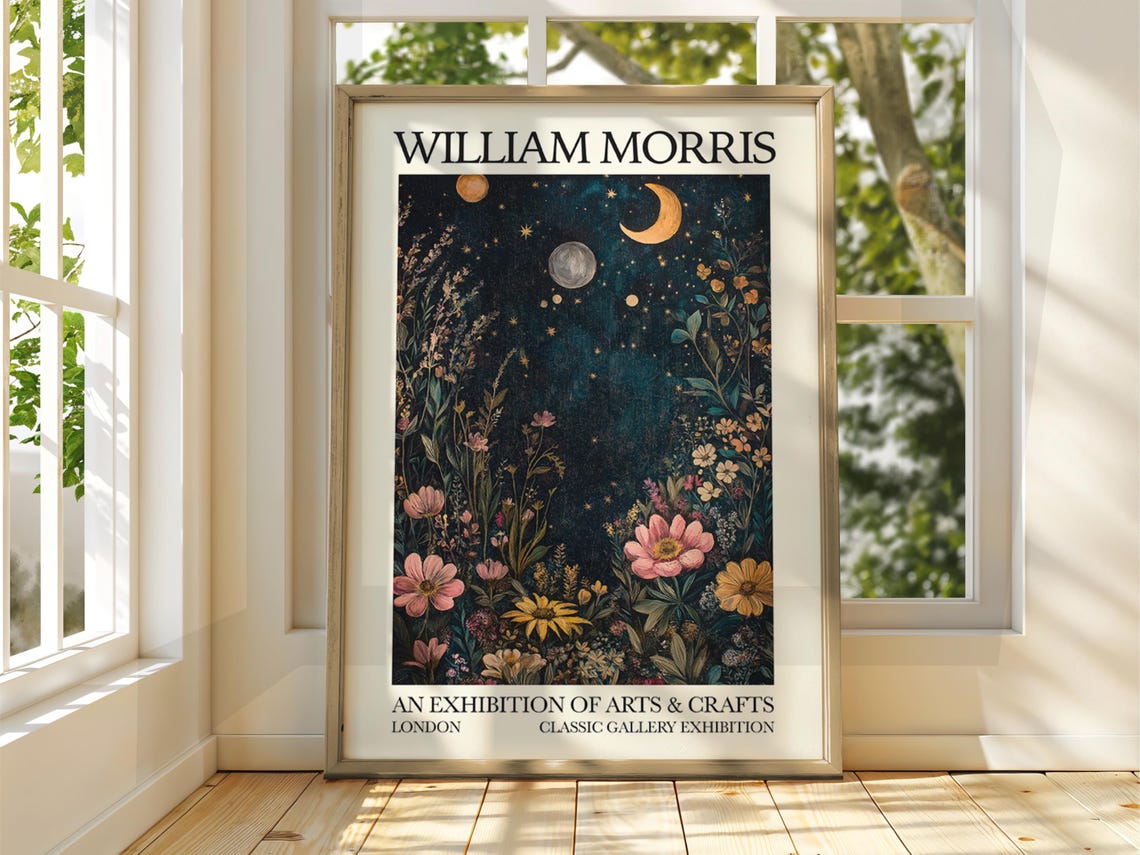 William Morris Moon Stars Poster Exhibition Arts and Crafts Floral Night