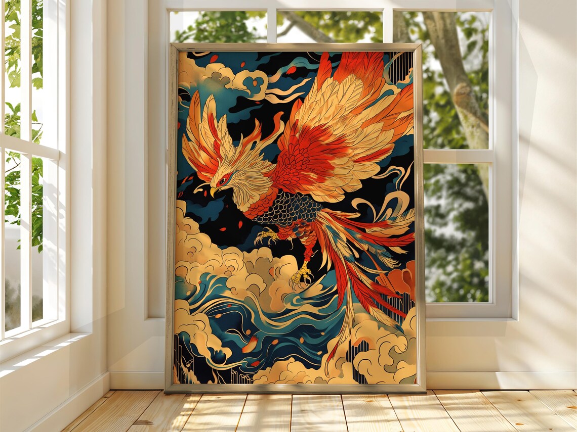 Fiery Phoenix Rising Poster in Japanese Woodblock Illustration Style