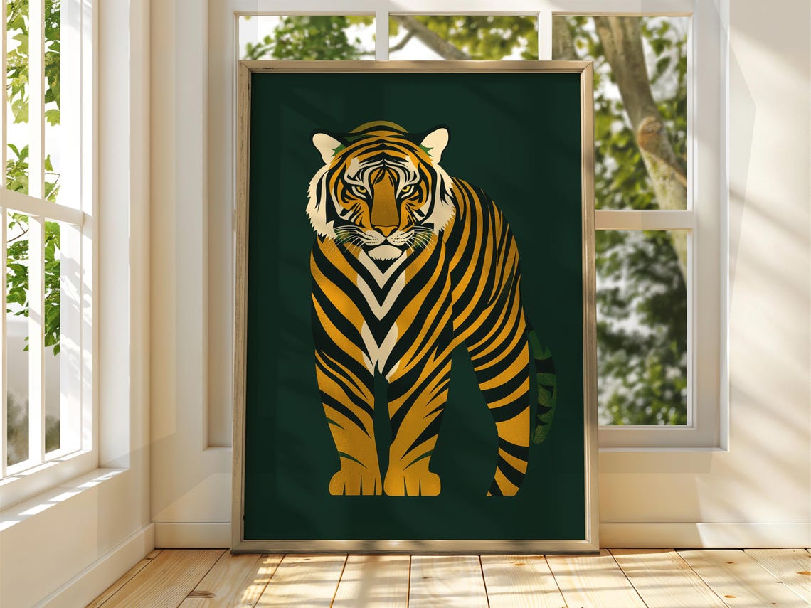 Bold Front Facing Tiger Stylized Orange Dark Green Animal Poster