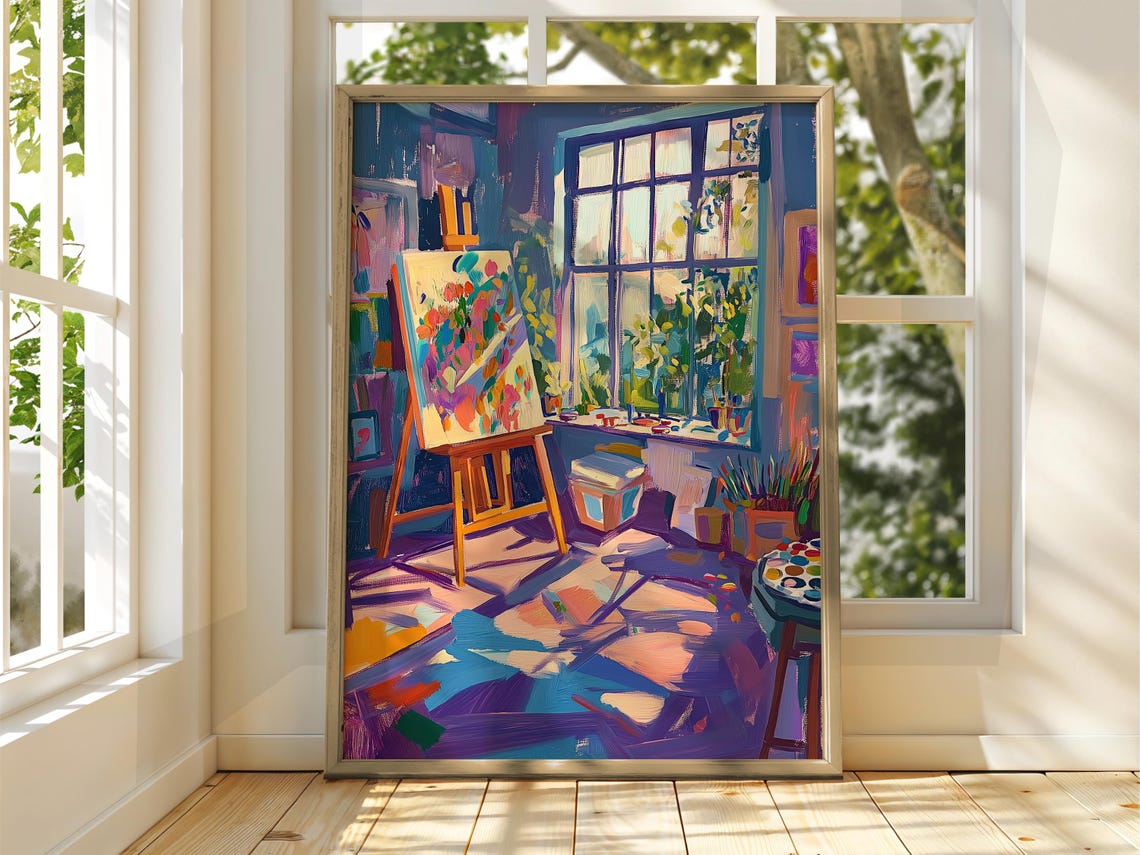 Colorful Artist Studio Interior Easel Window Painterly Poster