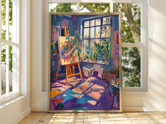Colorful Artist Studio Interior Easel Window Painterly Poster