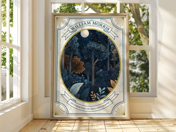 William Morris Style Full Moon Forest Poster Exhibition Gallery Print Wall Art Trees Stars