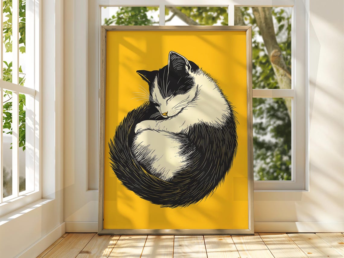 Curled Up Sleeping Cat Illustration Mustard Yellow Fun Poster
