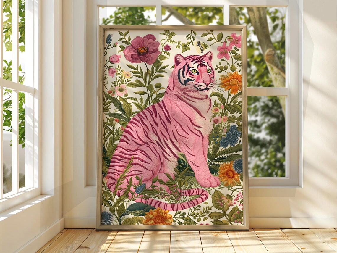 Pink Tiger Poster, Jungle Botanical Animal Print