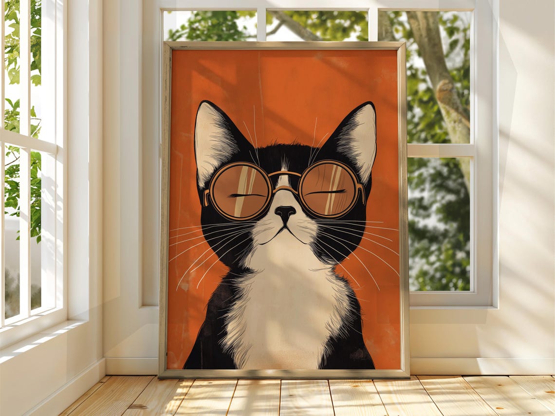 Tuxedo Cat Sunglasses Retro Orange Sunset Pop Art Funny Cat Poster