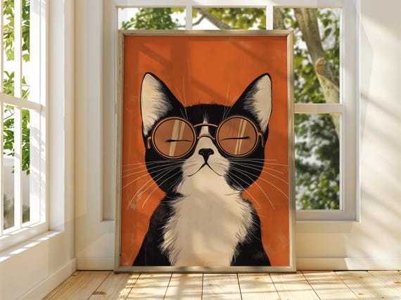 Chill Cat Poster Wall Art Illustration Fun Animal Feline Decor Kitten Black Pet Orange