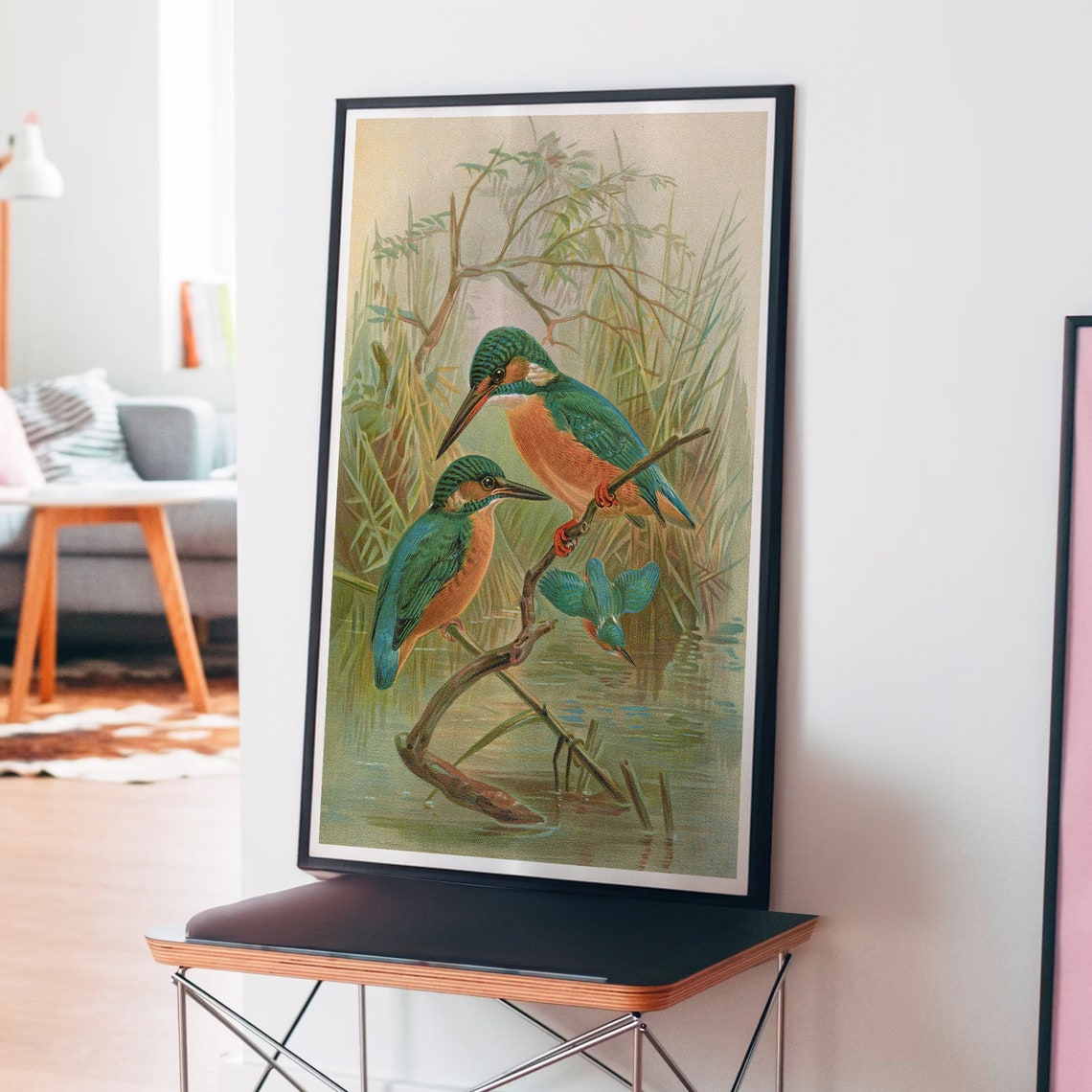 Three Kingfishers Perched by Water Vintage Naturalist Bird Art Poster - Image 3