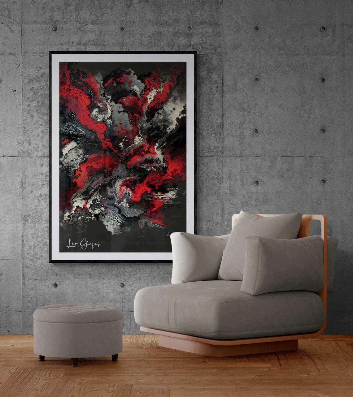 Dark Red Black and Gray Swirling Smoke Marble Abstract Art Print - Image 4