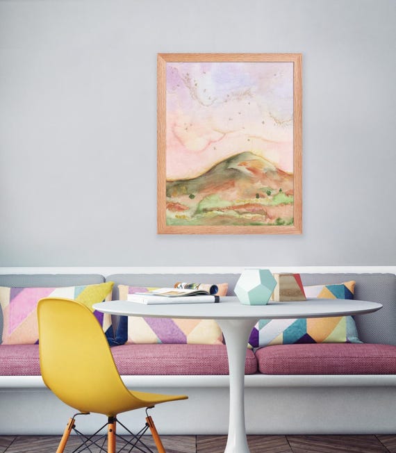 Watercolour Sunset Landscape Art Print Whimsical Mountain Horizon Painting