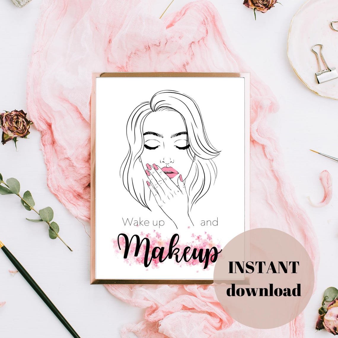 Wake Up And Makeup Line Art Woman Face Beauty Salon Quote Poster Pink - Image 4