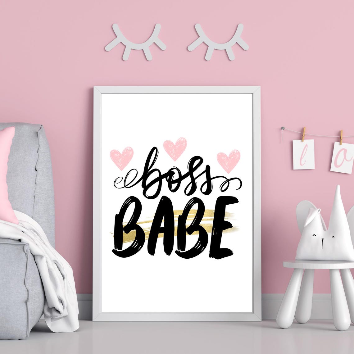 Boss Babe Pink Hearts Gold Brushstroke Motivational Quote Poster For Her - Image 2