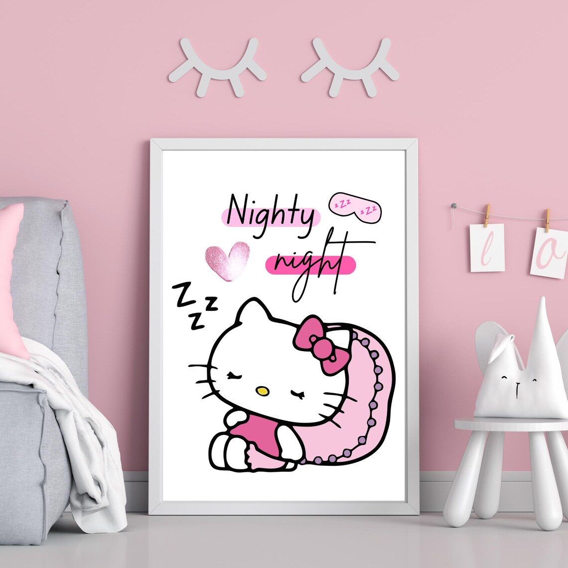 Hello Kitty Nighty Night Sleeping Cat Nursery Quote Poster Pink Heart Art - Image 2