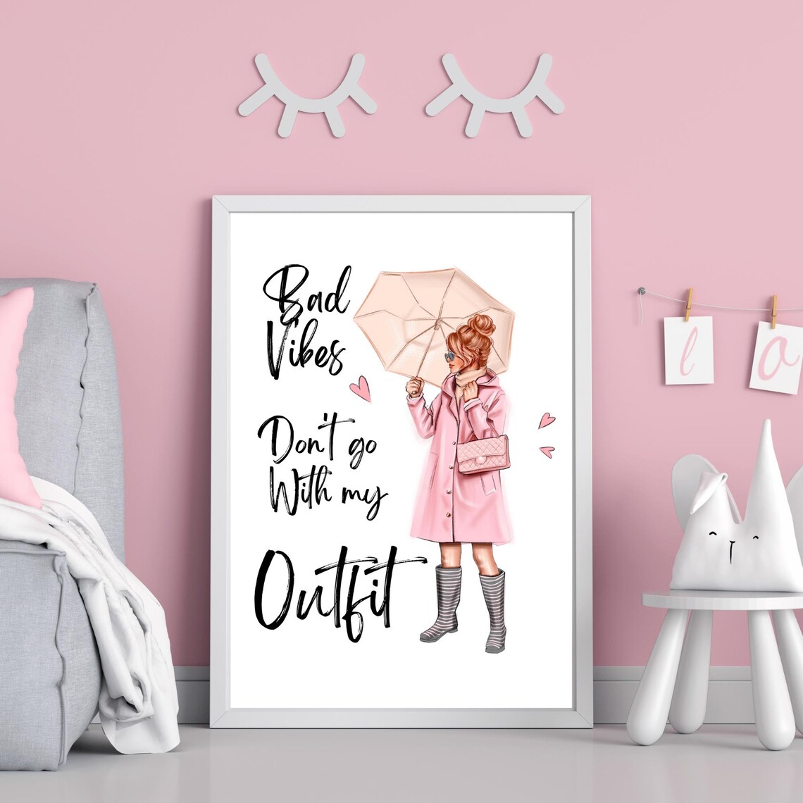 Bad Vibes Dont Go With My Outfit Fashion Girl Umbrella Pink Coat Poster - Image 2