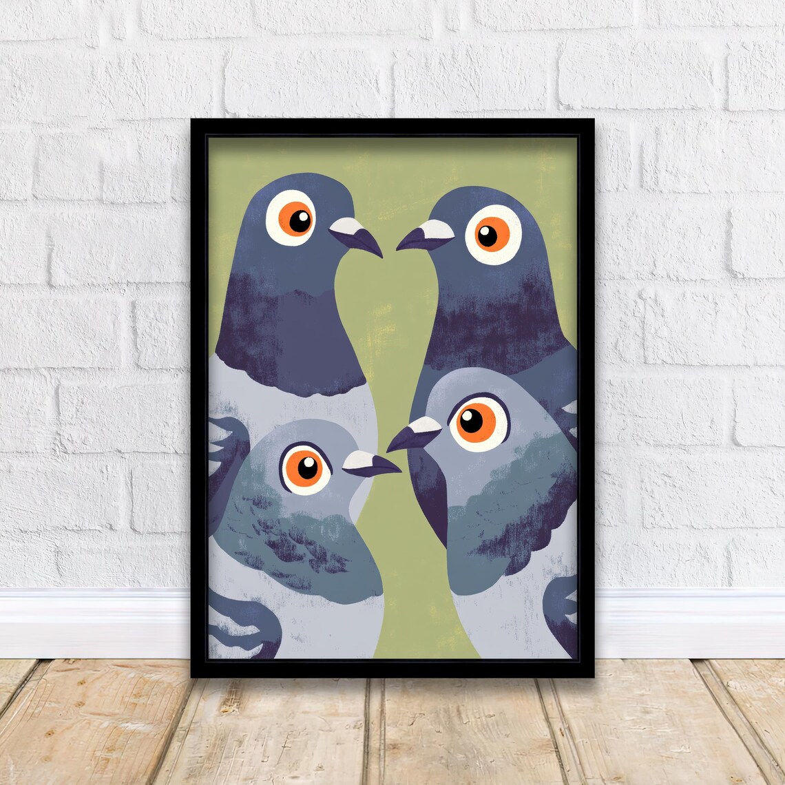 Four Wide Eyed Pigeons Midcentury Pop Art Funny Bird Wall Poster