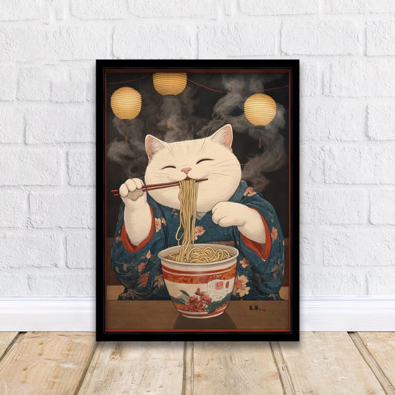 Japanese Cat In Kimono Eating Noodles Poster Whimsical Asian Art Print Cute Feline Wall Decor