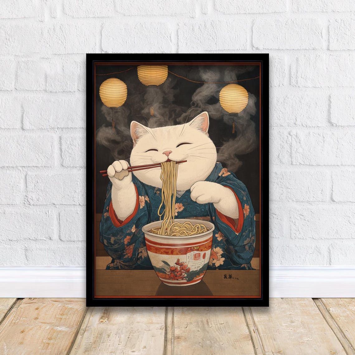 Japanese Cat Eating Ramen Kimono Whimsical Asian Noodle Art Poster