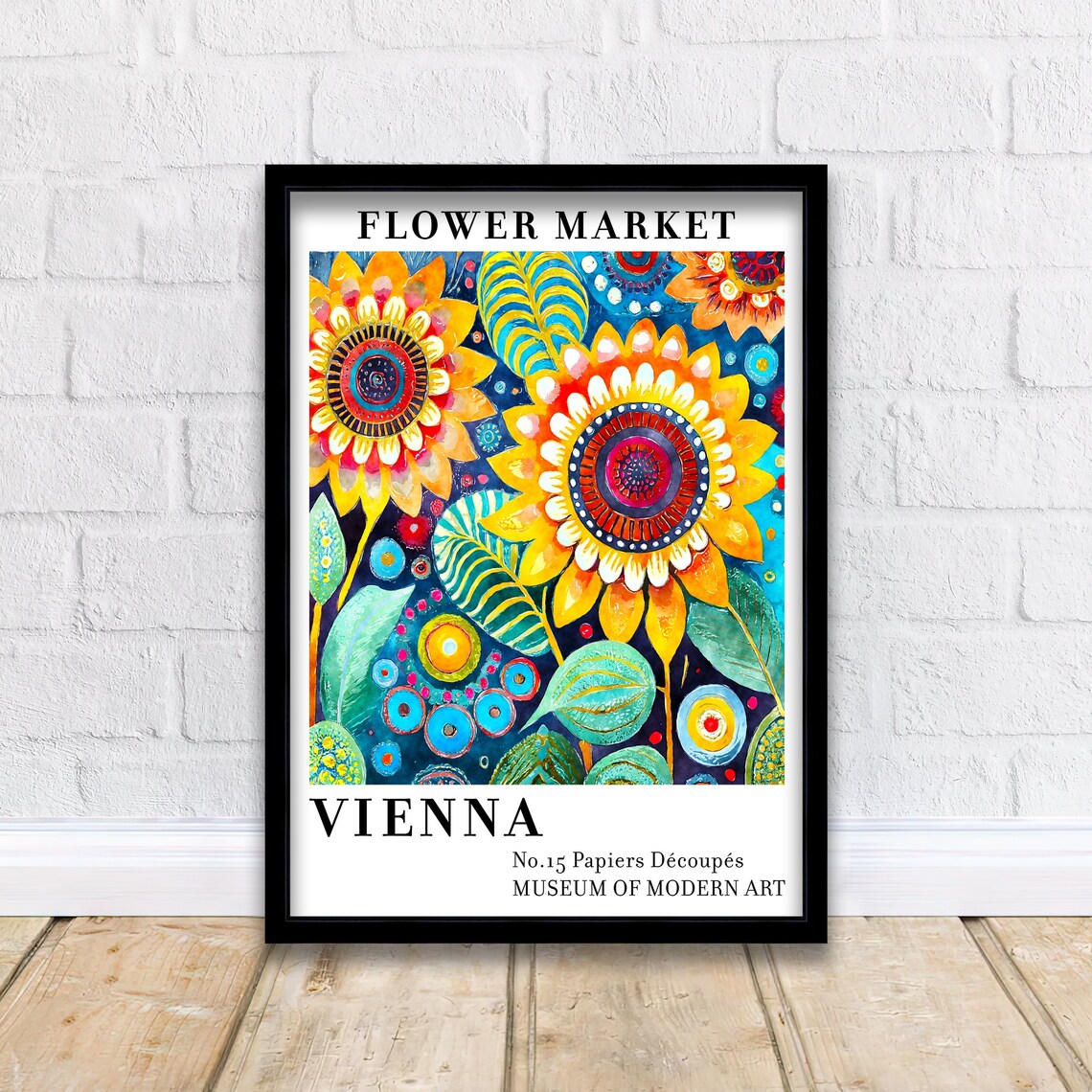 Cheerful Vienna Flower Market No15 Sunflower Folk Botanical Art Poster