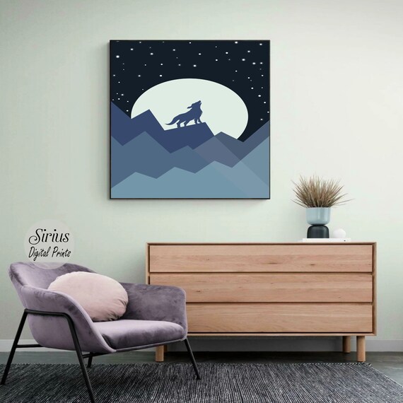 Howling Wolf Under Full Moon Mountain Night Geometric Art Poster