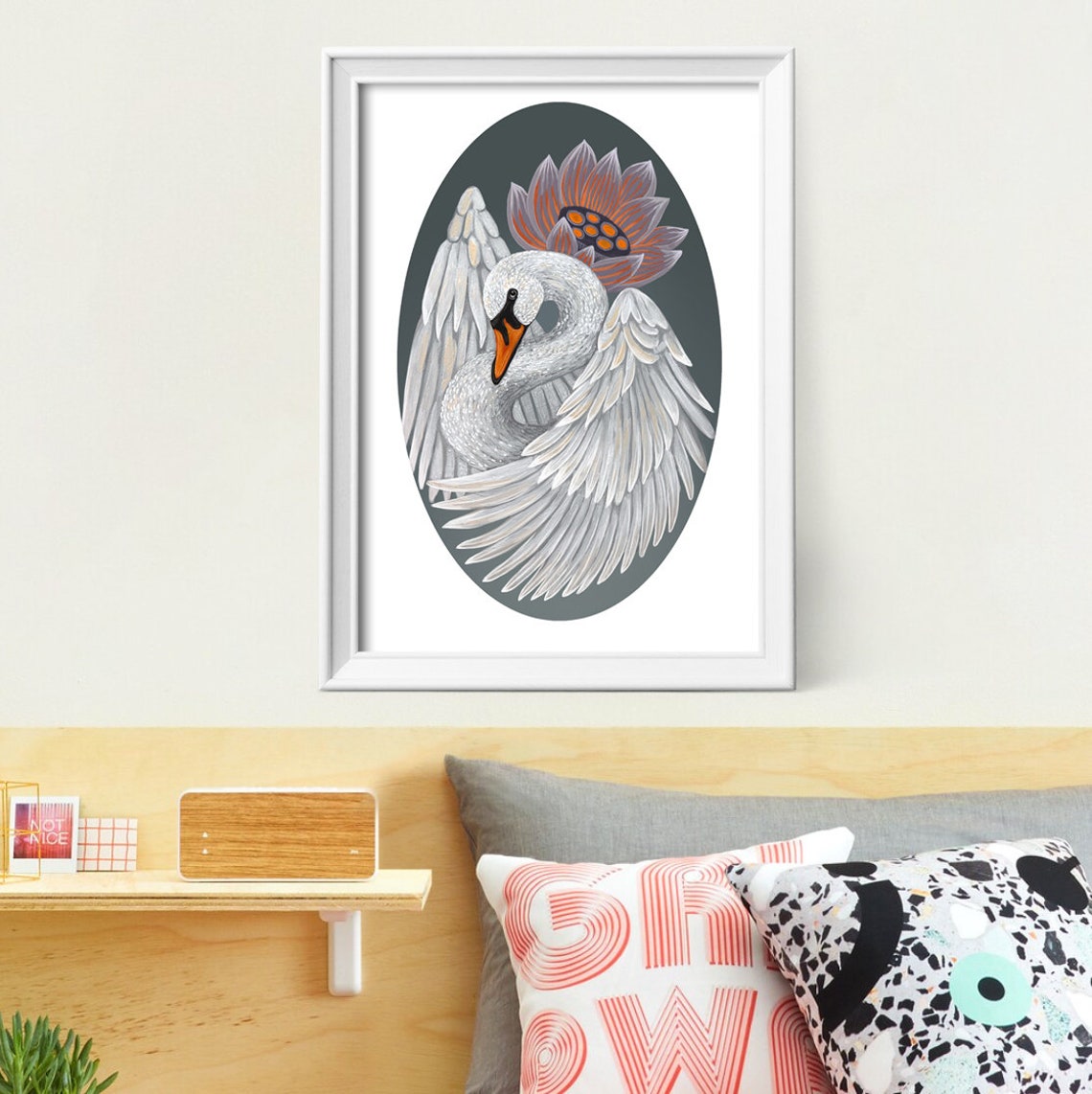 Graceful White Swan With Orange Lotus On Deep Green Elegant Art Poster - Image 2