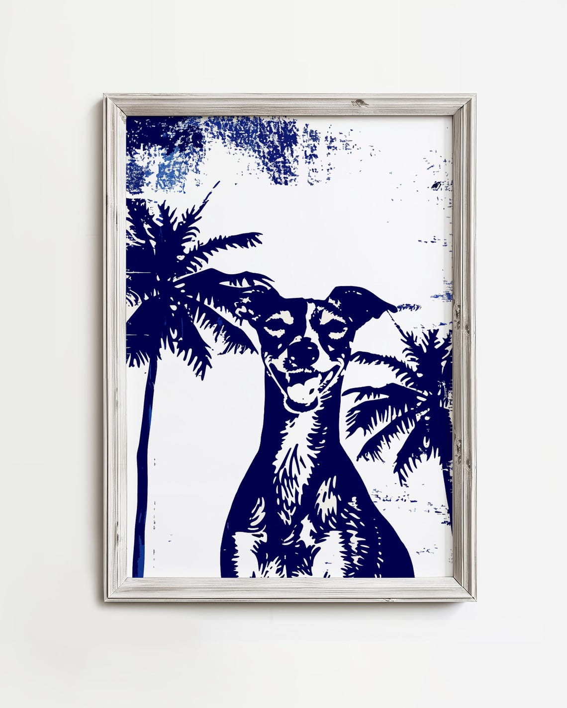 Smiling Dog with Palm Trees Blue Stencil Style Coastal Poster