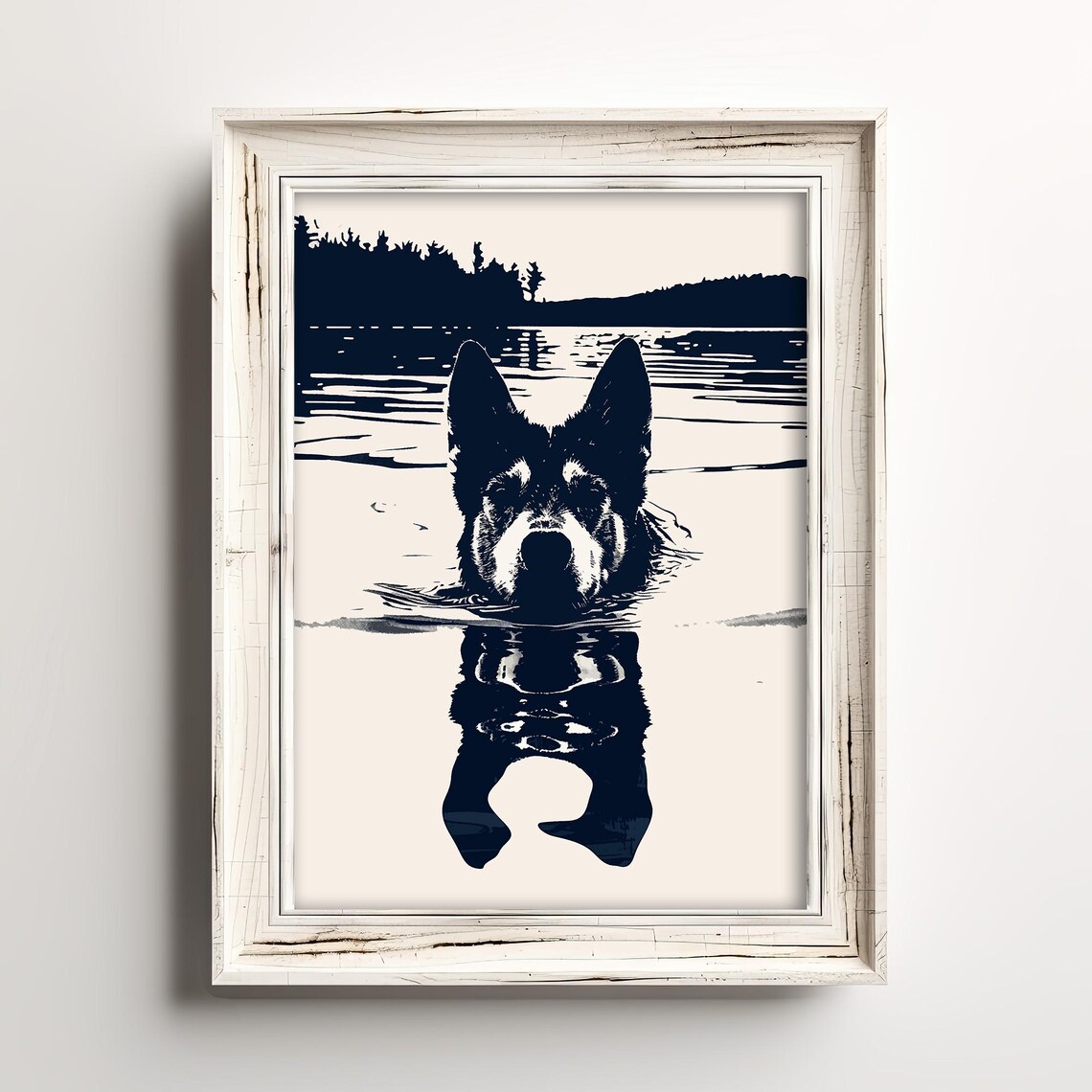 Joyful Swimming Dog Lake Sunset Navy Ink Fun Coastal Wall Poster