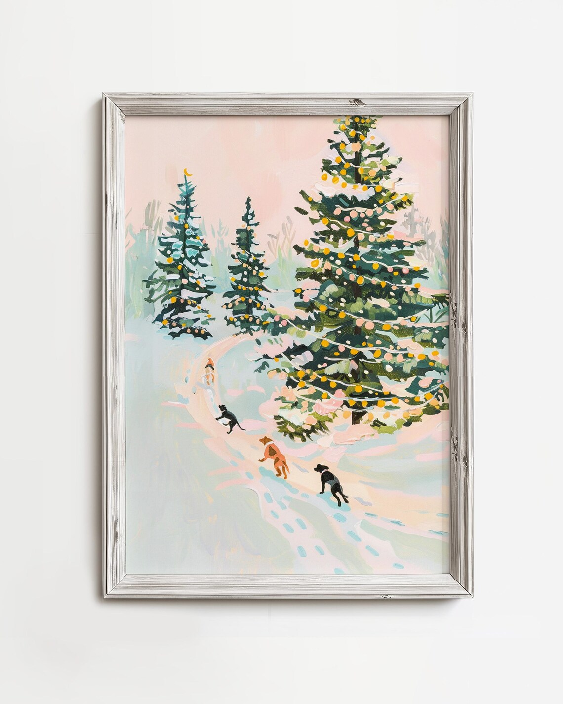 Winter Dogs on Snowy Trail Pastel Christmas Forest Art Poster
