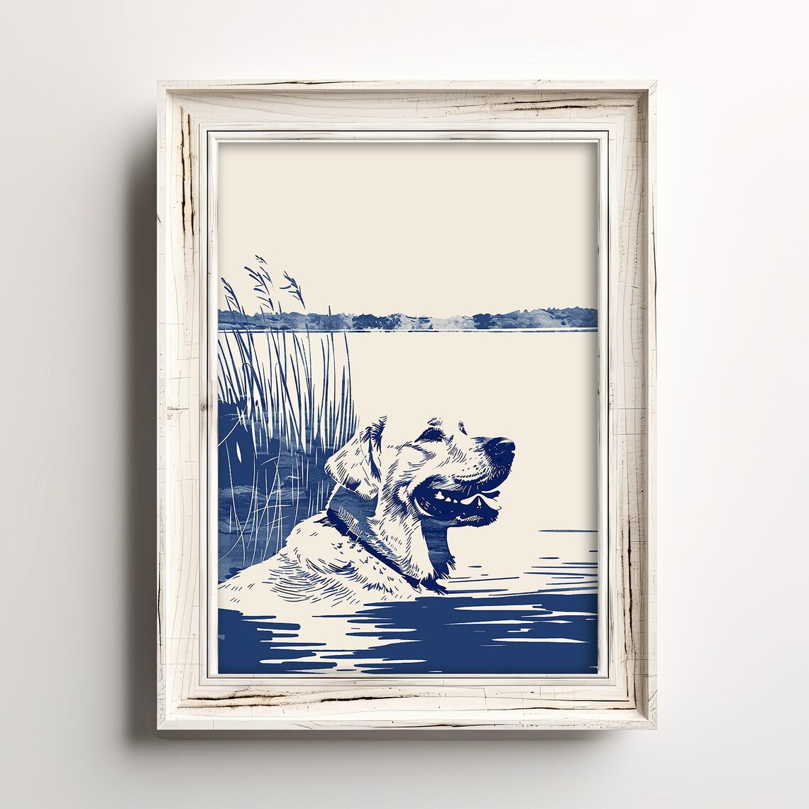 Labrador Swimming Lake Blue Sketch Happy Water Dog Coastal Cottage Wall Art