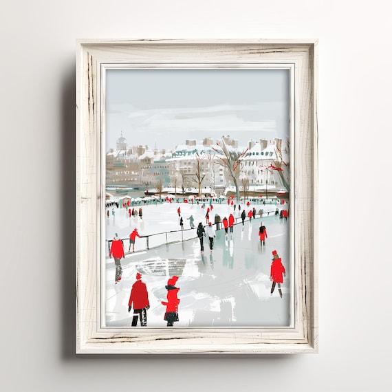 City Ice Skating Rink Winter Day Painterly Crowd Scene Poster
