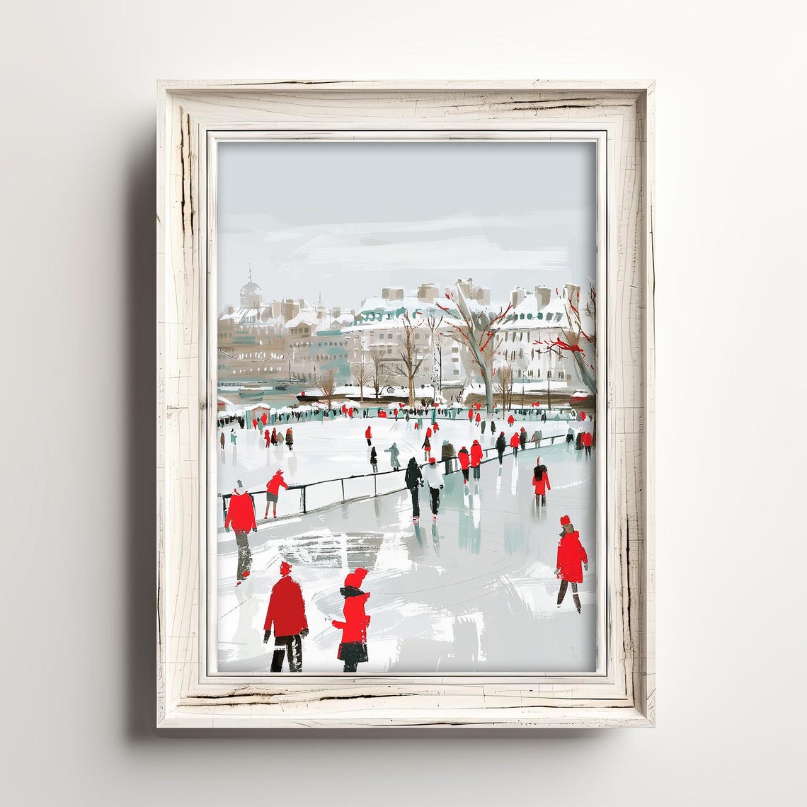 City Ice Skating Rink Winter Day Painterly Crowd Scene Poster
