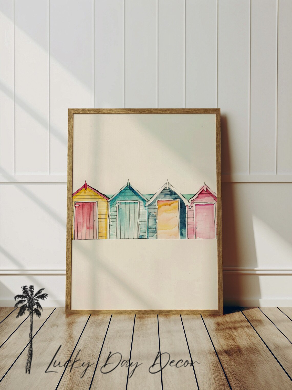 Four Beach Huts, Coastal Simple Sketch Art Print